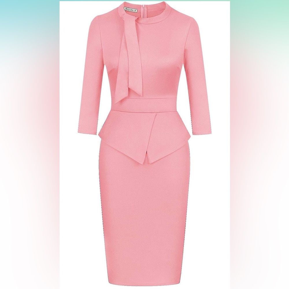 Women's Tie Neck Vintage Bodycon Peplum Business Formal Work Pencil Dress